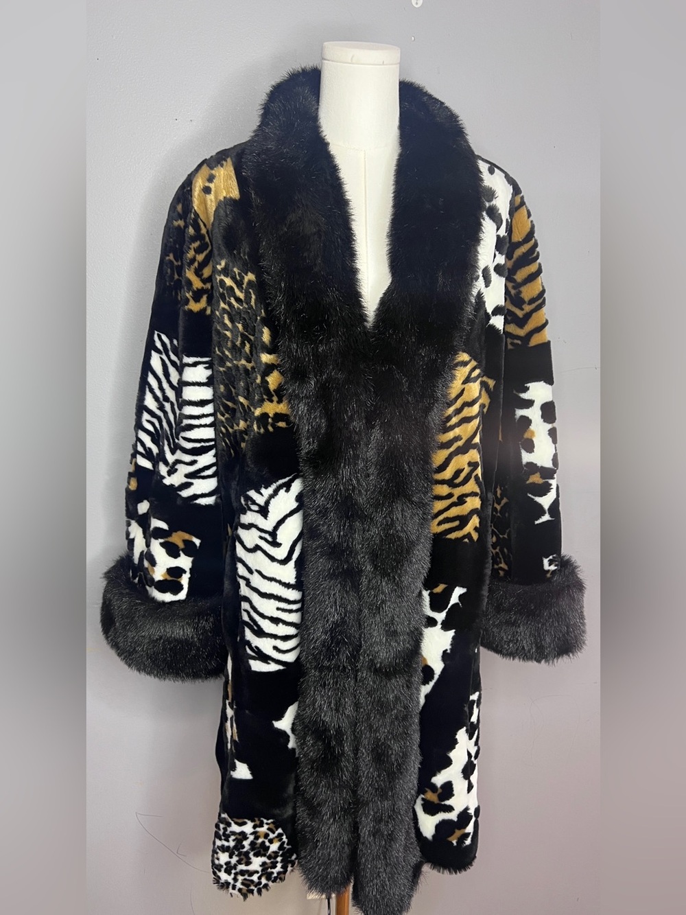 Vintage Olympia Patchwork Faux Fur Animal Print Coat Size Medium - Picture 1 of 15